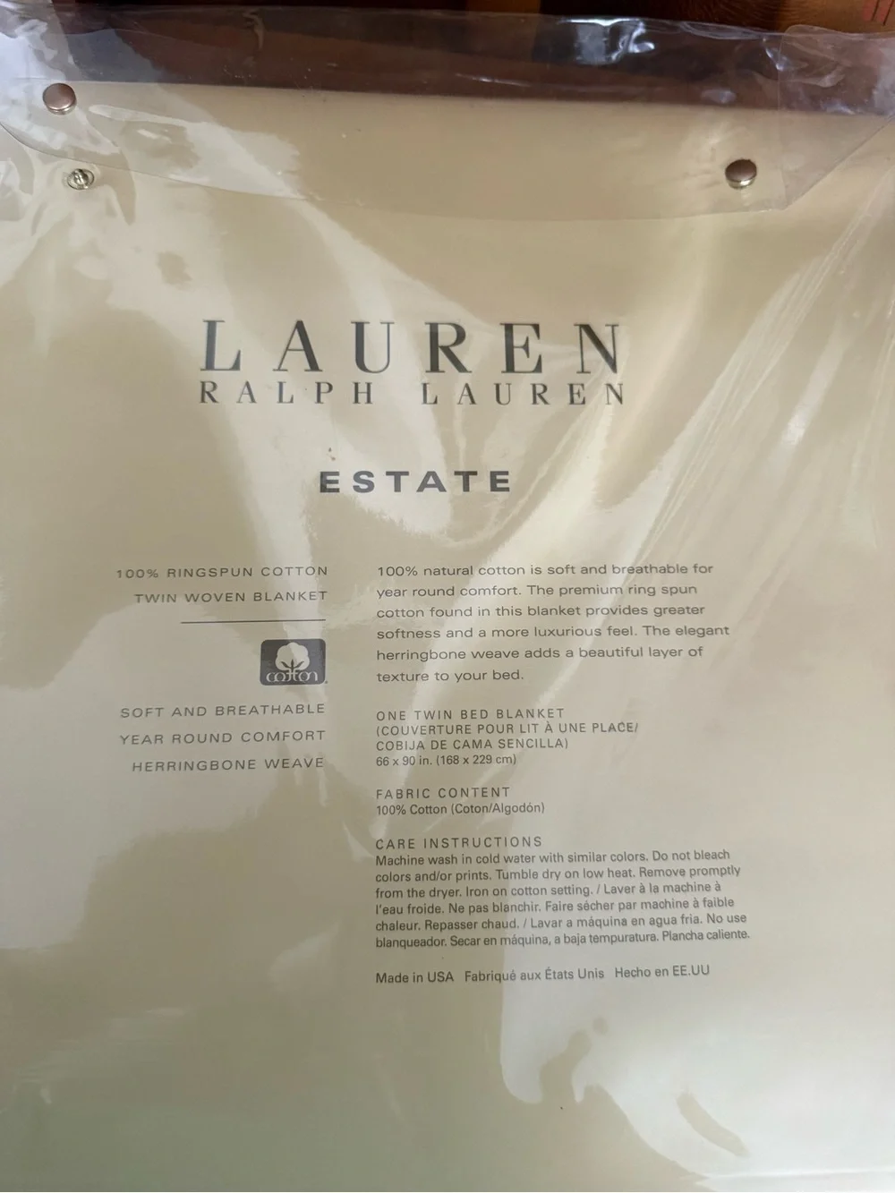 Ralph Lauren White Herringbone Cotton Blanket with Brown RLL Logo